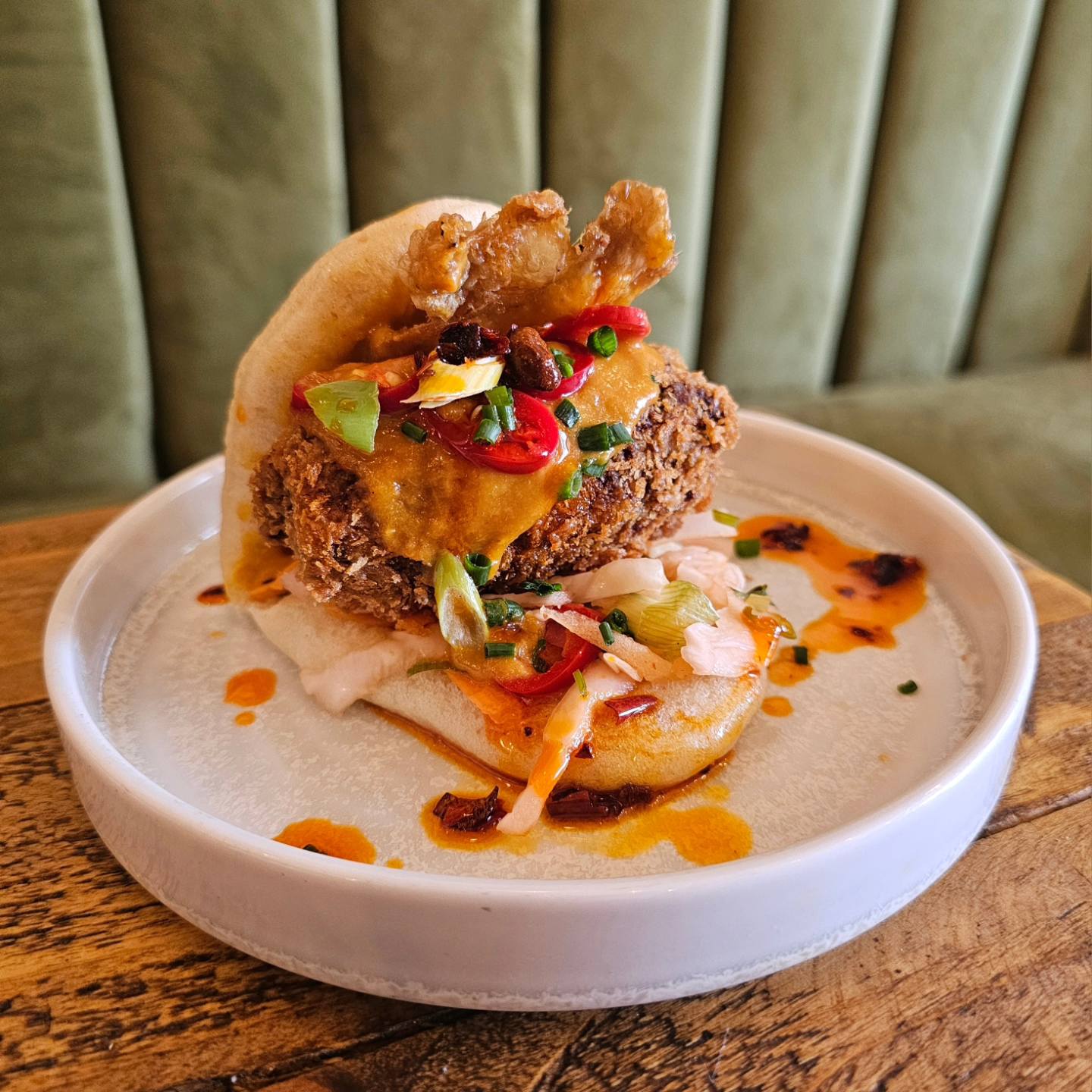 beers, bao buns and wonton chips